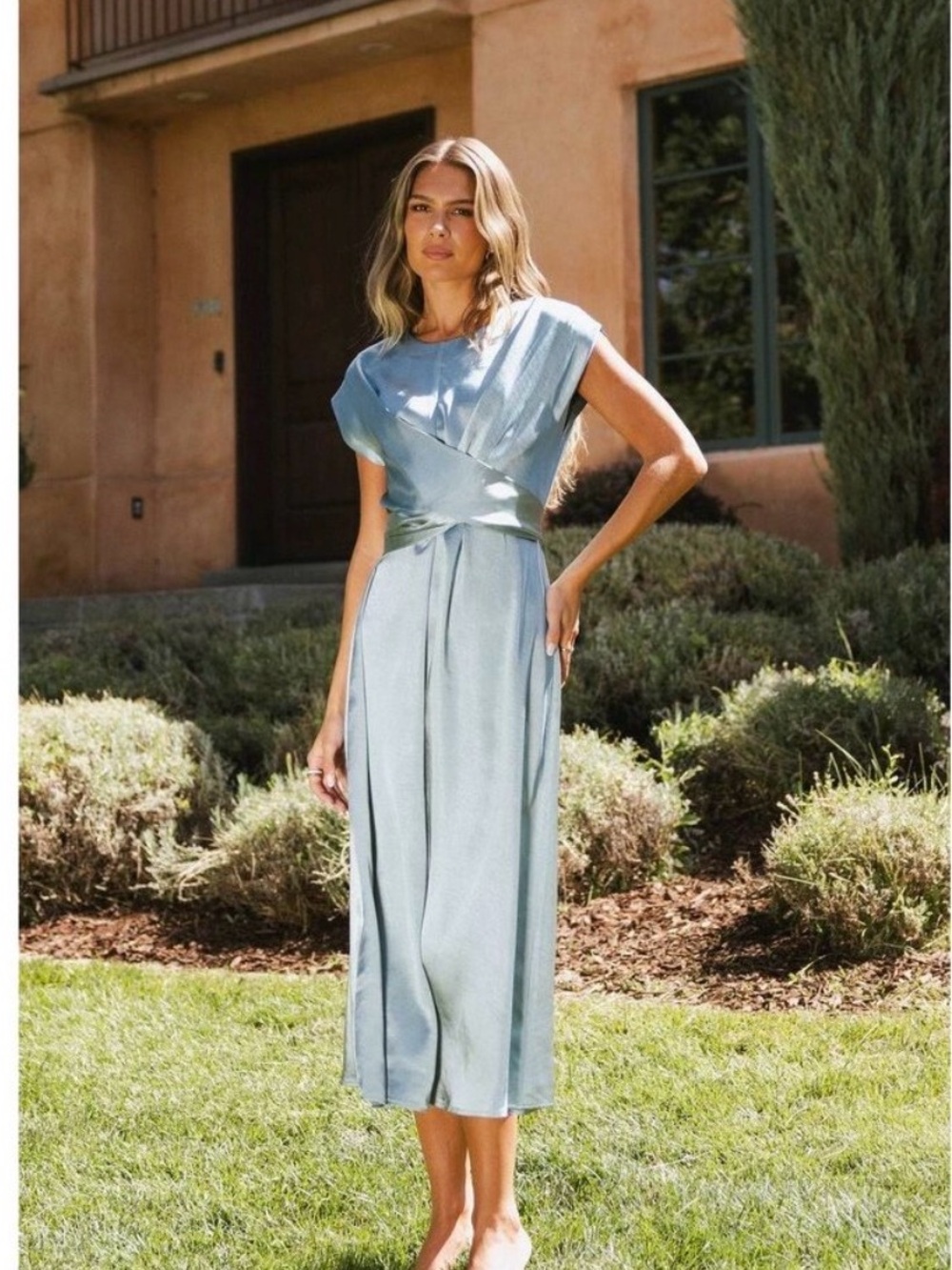 bohme Light Blue Satin Midi Dress size large